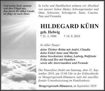 Traueranzeige von Hildegard Kühn von Südthüringer Presse
