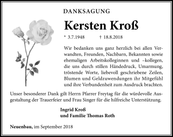 Traueranzeige von Kerstin Kroß von Südthüringer Presse