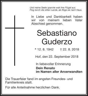 Traueranzeige von Sebastiano Guderzo von Frankenpost