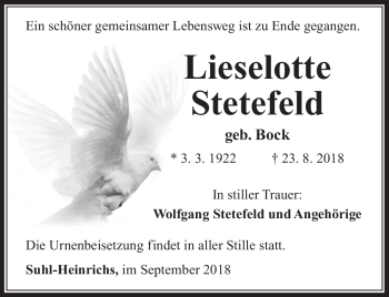 Traueranzeige von Lieselotte Stetefeld von Südthüringer Presse