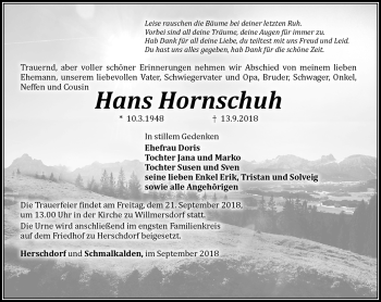 Traueranzeige von Hans Hornschuh von Südthüringer Presse