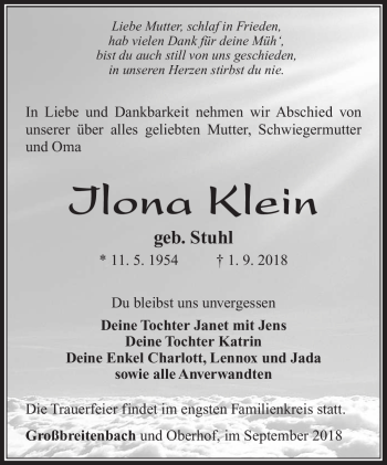 Traueranzeige von Ilona Klein von Südthüringer Presse