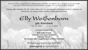 Traueranzeige von Elly Weißenborn von Südthüringer Presse