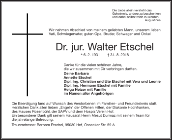 Traueranzeige von Dr.jur.Walter Etschel von Frankenpost