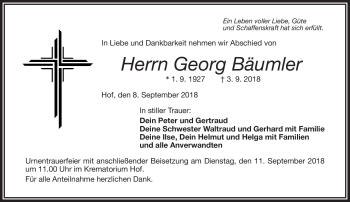 Traueranzeige von Georg Bäumler von Frankenpost