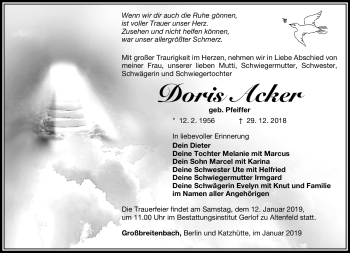 Traueranzeige von Acker Doris von Südthüringer Presse