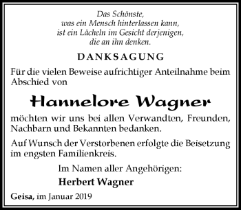 Traueranzeige von Hannelore Wagner von Südthüringer Presse