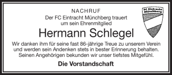 Traueranzeige von Hermann Schlegel von Frankenpost