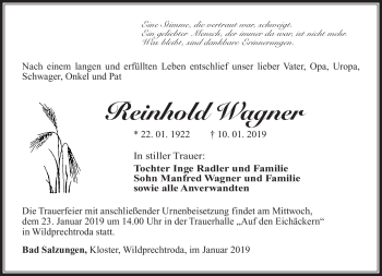 Traueranzeige von Reinhold Wagner von Südthüringer Presse
