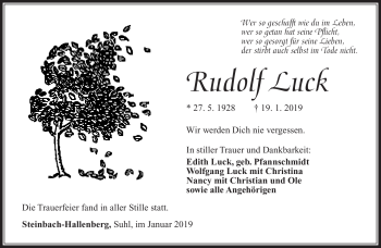 Traueranzeige von Rudolf Luck von Südthüringer Presse