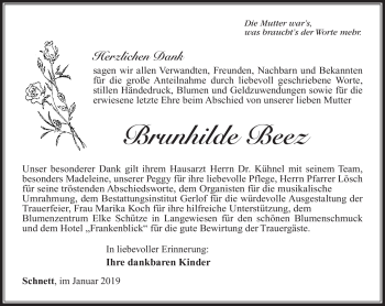 Traueranzeige von Brunhilde Beez von Südthüringer Presse