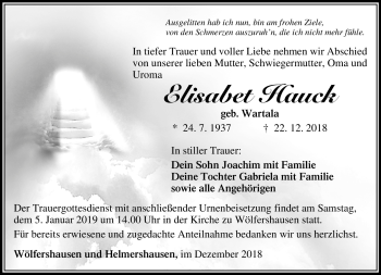 Traueranzeige von Elisabet Hauck von Südthüringer Presse