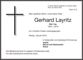 Traueranzeige von Gerhard Layritz von Frankenpost