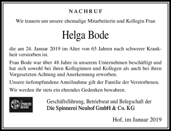 Traueranzeige von Helga Bode von Frankenpost