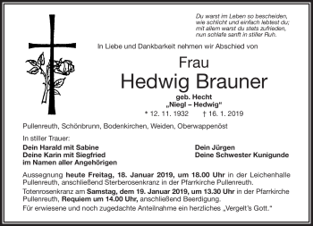 Traueranzeige von Hedwig Brauner von Frankenpost
