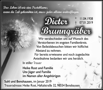 Traueranzeige von Dieter Brunngräber von Südthüringer Presse