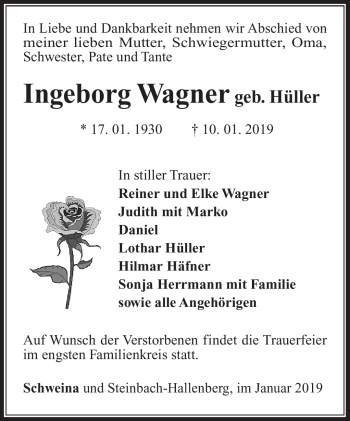 Traueranzeige von Ingeborg Wagner von Südthüringer Presse