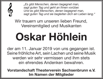 Traueranzeige von Oskar Höhlein von Südthüringer Presse