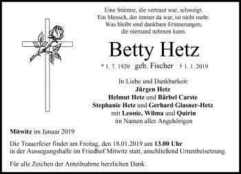 Traueranzeige von Bety Hetz von Neue Presse Coburg