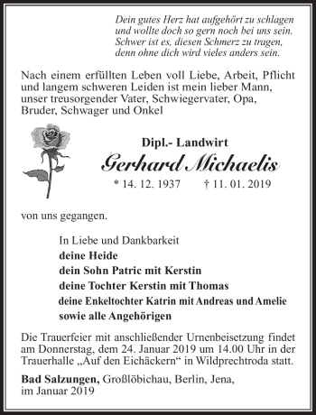 Traueranzeige von Gerhard Michaelis von Südthüringer Presse