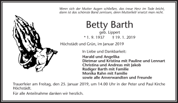 Traueranzeige von Betty Barth von Frankenpost