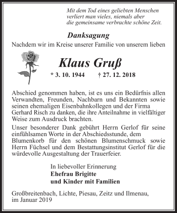 Traueranzeige von Klaus Gruß von Südthüringer Presse