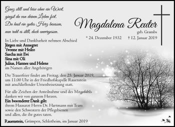 Traueranzeige von Magdalena Reuter von Südthüringer Presse