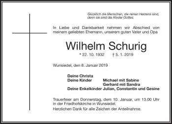 Traueranzeige von Wilhelm Schurig von Frankenpost