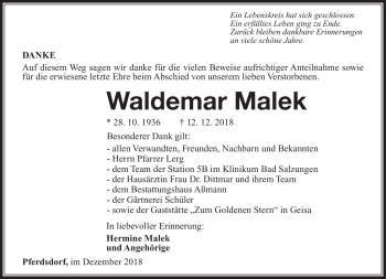Traueranzeige von Waldemar Malek von Südthüringer Presse