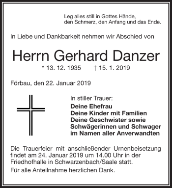 Traueranzeige von Gerhard Danzer von Frankenpost