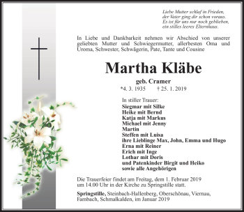 Traueranzeige von Martha Kläbe von Südthüringer Presse