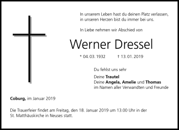 Traueranzeige von Wener Dressel von Neue Presse Coburg