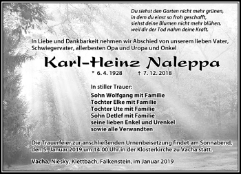 Traueranzeige von Karl-Heinz Naleppa von Südthüringer Presse