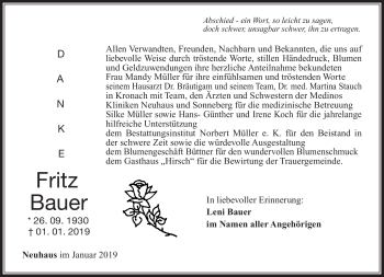 Traueranzeige von Fritz Bauer von Südthüringer Presse