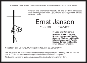 Traueranzeige von Ernst Janson von Neue Presse Coburg