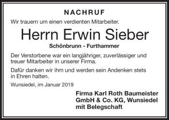 Traueranzeige von Erwin Sieber von Frankenpost