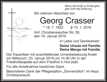 Traueranzeige von Georg Crasser von Frankenpost
