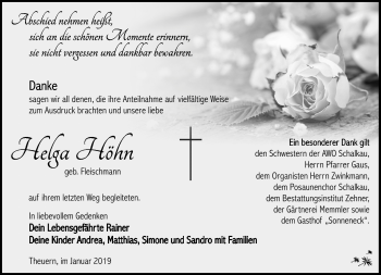 Traueranzeige von Helga Höhn von Südthüringer Presse