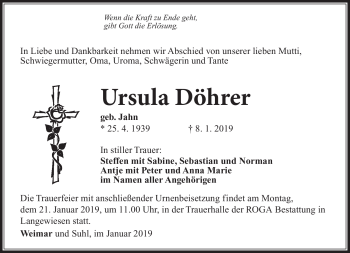 Traueranzeige von Ursula Döhrer von Südthüringer Presse
