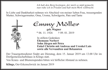 Traueranzeige von Emmy Möller von Südthüringer Presse