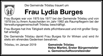 Traueranzeige von Lydia Burges von Frankenpost