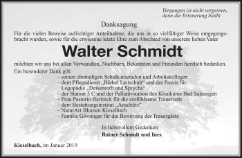 Traueranzeige von Walter Schmidt von Südthüringer Presse
