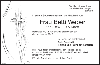 Traueranzeige von Betti Weber von Frankenpost