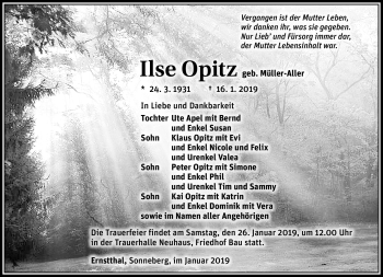 Traueranzeige von Ilse Opitz von Südthüringer Presse