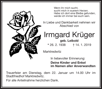Traueranzeige von Irmgard Krüger von Frankenpost