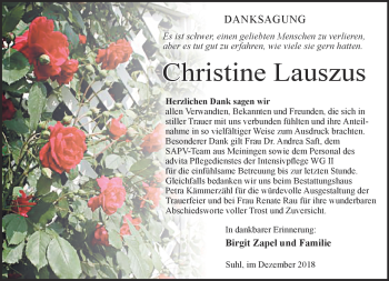 Traueranzeige von Christine Lauszus von Südthüringer Presse