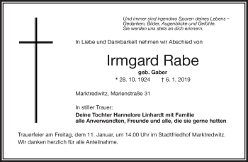 Traueranzeige von Irmgard Rabe von Frankenpost