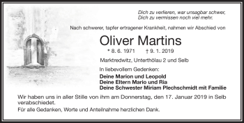 Traueranzeige von Oliver Martins von Frankenpost
