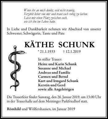 Traueranzeige von Käthe Schunk von Südthüringer Presse