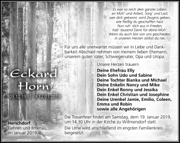 Traueranzeige von Eckard Horn von Südthüringer Presse